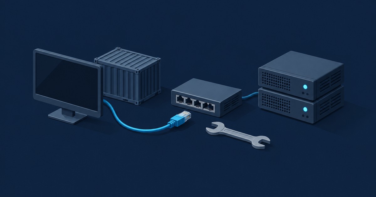 Monitor with an unplugged blue Ethernet cable, a shipping container, a network switch, stacked servers and a wrench on a dark navy background